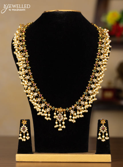 Antique guttapusalu haaram with kemp and cz stones in pearl hangings