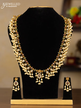 Antique guttapusalu haaram with kemp and cz stones in pearl hangings