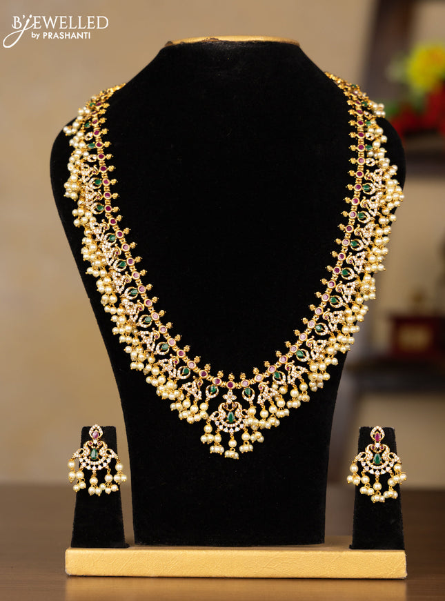 Antique guttapusalu haaram peacock design with kemp and cz stones in pearl hangings