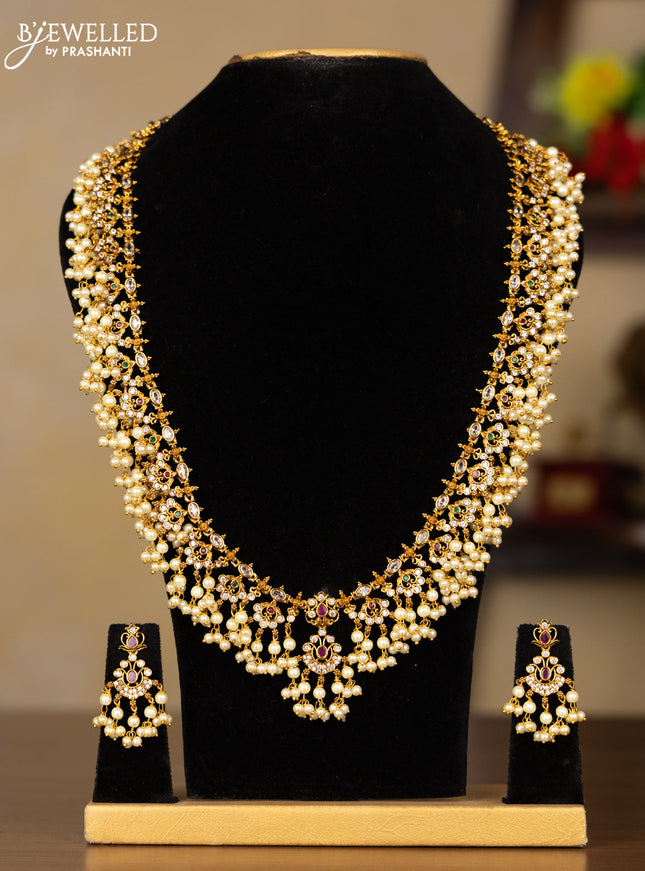 Antique guttapusalu haaram with kemp and cz stones in pearl hangings