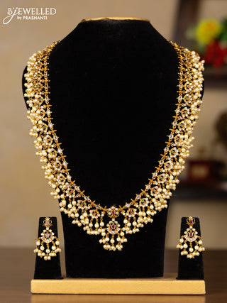 Antique guttapusalu haaram with kemp and cz stones in pearl hangings