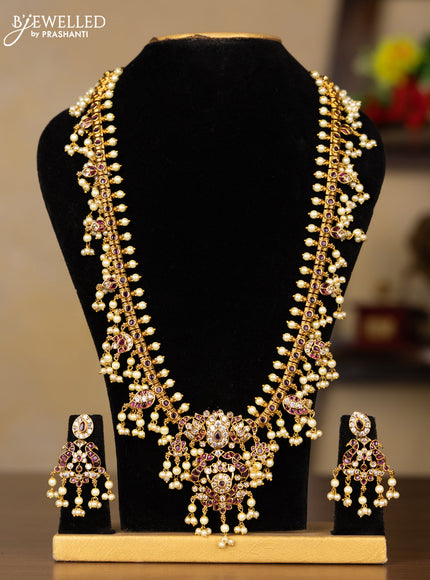 Antique guttapusalu haaram with pink kemp and cz stones in pearl hangings