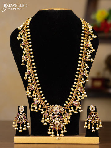 Antique guttapusalu haaram with pink kemp and cz stones in pearl hangings