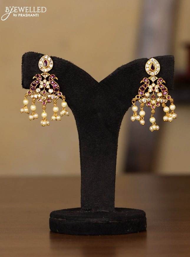Antique guttapusalu haaram with pink kemp and cz stones in pearl hangings