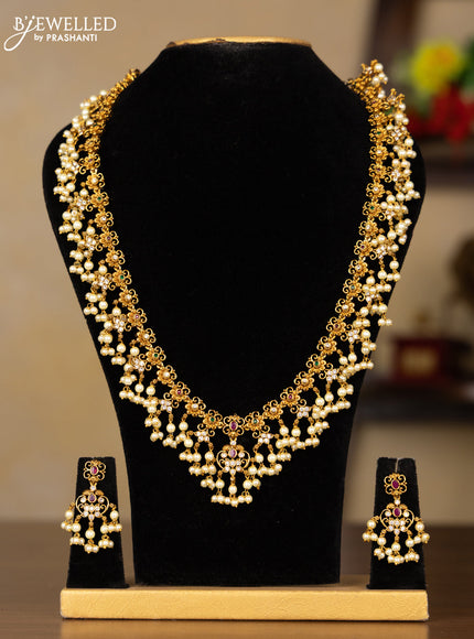 Antique guttapusalu haaram floral design with kemp and cz stones in pearl hangings