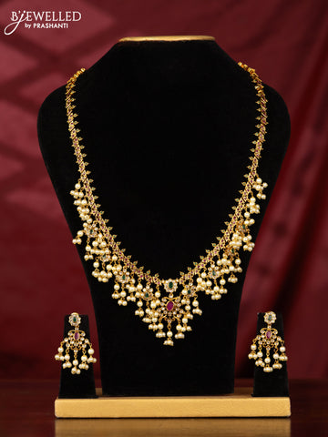 Antique guttapusalu haaram with kemp and cz stones in pearl hangings