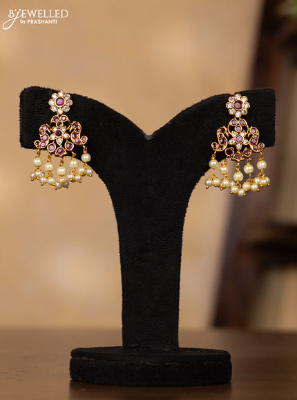Antique guttapusalu necklace peacock design with pink kemp & cz stones and pearl hangings