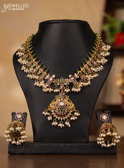 Antique guttapusalu necklace manga pattern with kemp & cz stones and pearl hangings
