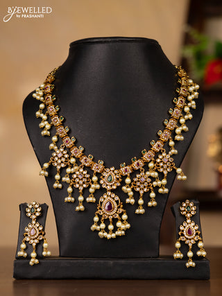 Antique guttapusalu necklace with kemp & cz stones and pearl hangings