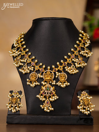 Antique guttapusalu necklace lakshmi design with kemp & cz stones and pearl hangings