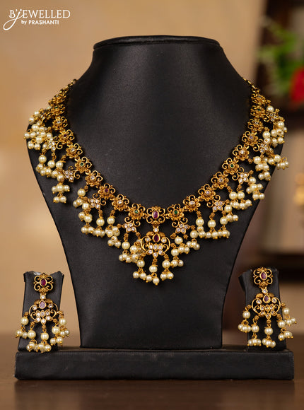 Antique guttapusalu necklace floral design with kemp & cz stones and pearl hangings