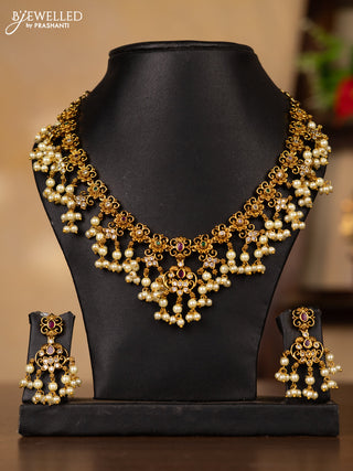 Antique guttapusalu necklace floral design with kemp & cz stones and pearl hangings