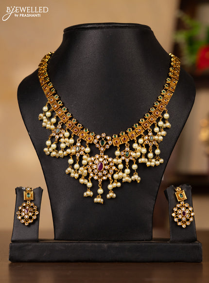 Antique guttapusalu necklace with kemp & cz stones and pearl hangings