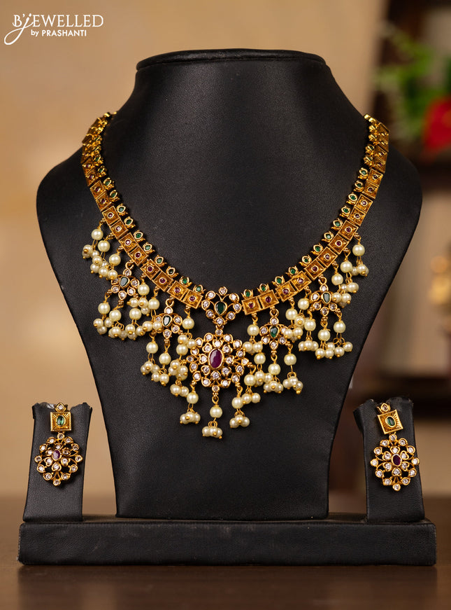 Antique guttapusalu necklace with kemp & cz stones and pearl hangings