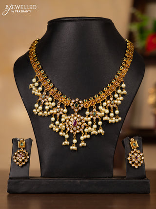 Antique guttapusalu necklace with kemp & cz stones and pearl hangings
