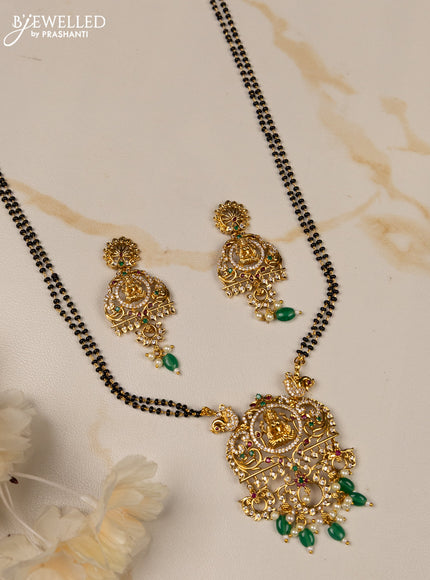 Mangalsutra double layer lakshmi design with kemp and cz stones in pearl & green beads hangings
