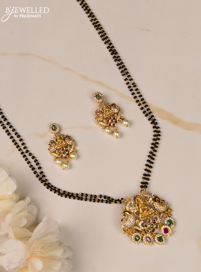 Mangalsutra double layer lakshmi design with kemp and cz stones in hangings