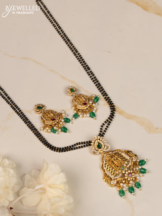 Mangalsutra double layer ramdarbar design with kemp and cz stones in green beads hangings