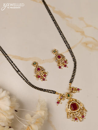 Mangalsutra double layer with kemp and cz stones in pearl & pink beads hangings
