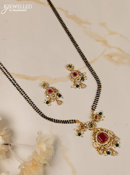Mangalsutra double layer with kemp and cz stones in pearl & green beads hangings