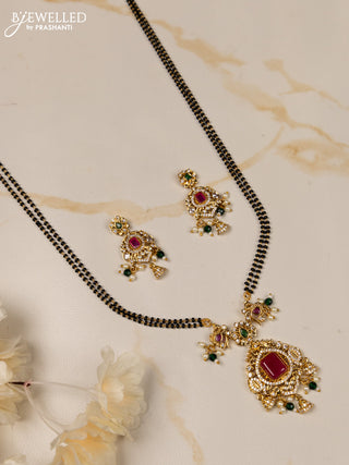 Mangalsutra double layer with kemp and cz stones in pearl & green beads hangings
