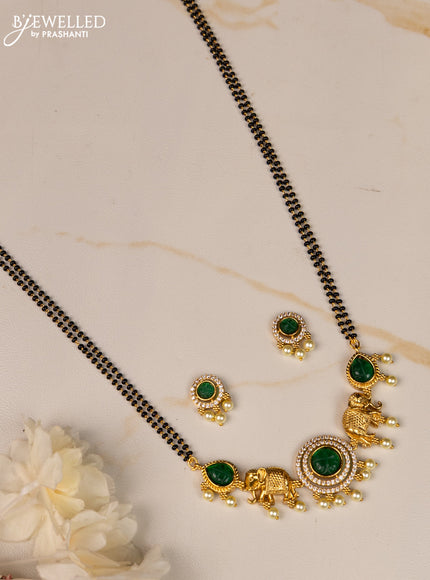 Mangalsutra double layer elephant design with emerald and cz stones in pearl hangings