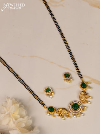 Mangalsutra double layer elephant design with emerald and cz stones in pearl hangings