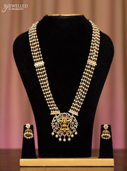 Pearl necklace lakshmi design with kemp and cz stones in pearl hangings