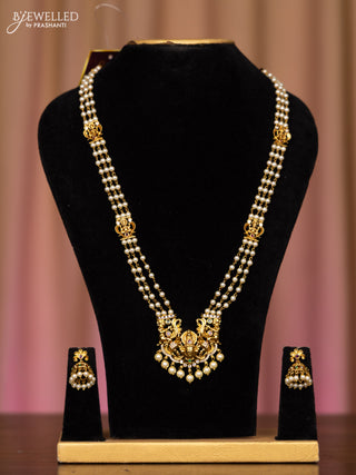 Pearl necklace tirupati balaji design with kemp and cz stones in pearl hangings