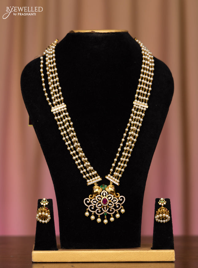 Pearl necklace elephant design with kemp and cz stones in pearl hangings