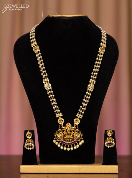 Pearl necklace lakshmi design with kemp and cz stones in pearl hangings