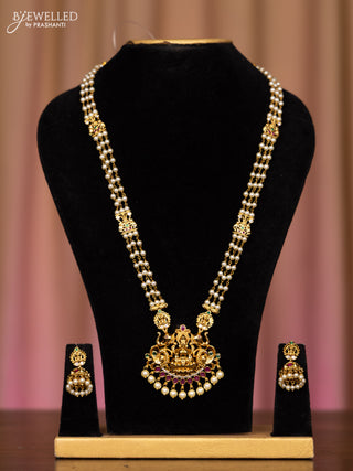Pearl necklace lakshmi design with kemp and cz stones in pearl hangings