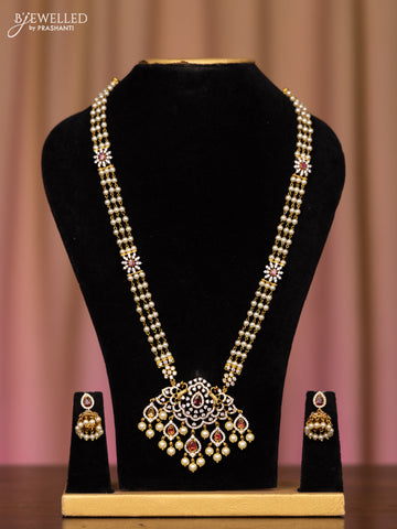 Pearl necklace with ruby and cz stones in pearl hangings