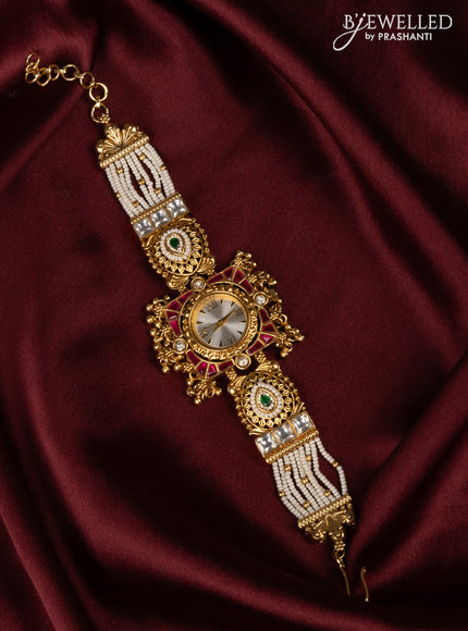 Watches with pink jadau and kundan cz stones in golden beads hangings