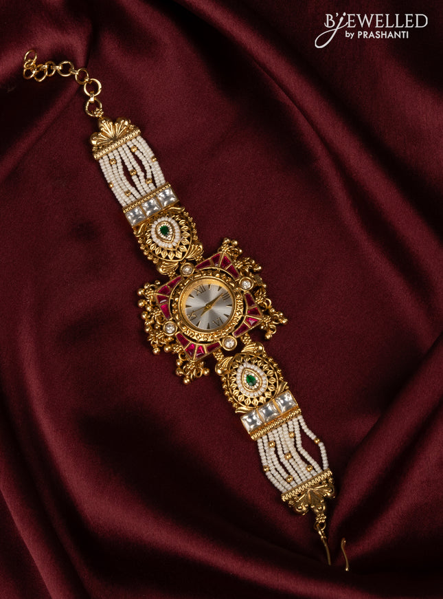 Watches with pink jadau and kundan cz stones in golden beads hangings