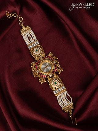 Watches with pink jadau and kundan cz stones in golden beads hangings