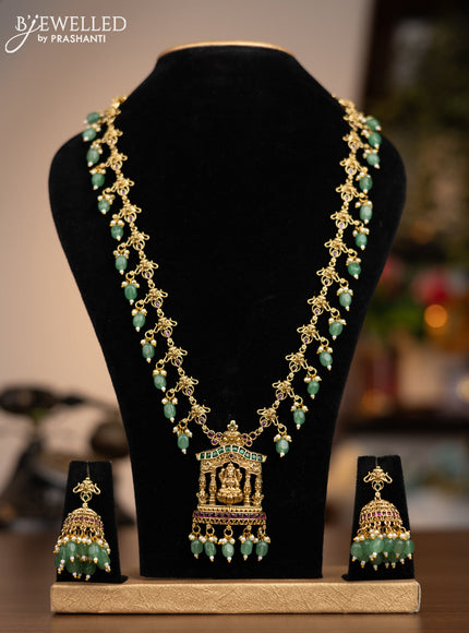 Antique necklace lakshmi pendant with kemp stones and pearl & green beads hangings