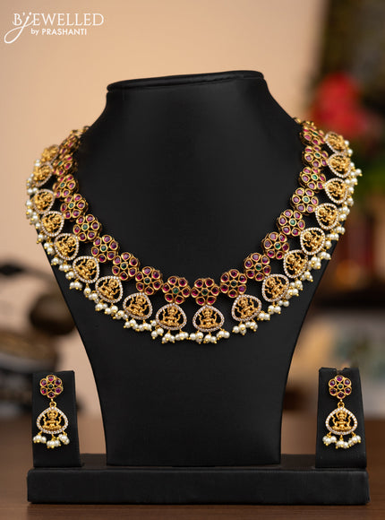 Antique necklace lakshmi design with kemp & cz stones and pearl hangings