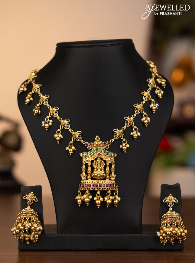 Antique necklace lakshmi pendant with kemp stones and pearl & golden besds hanging
