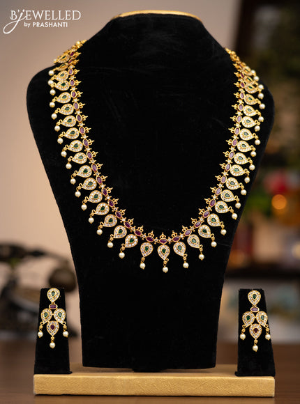 Antique haaram with kemp & cz stones and pearl hangings