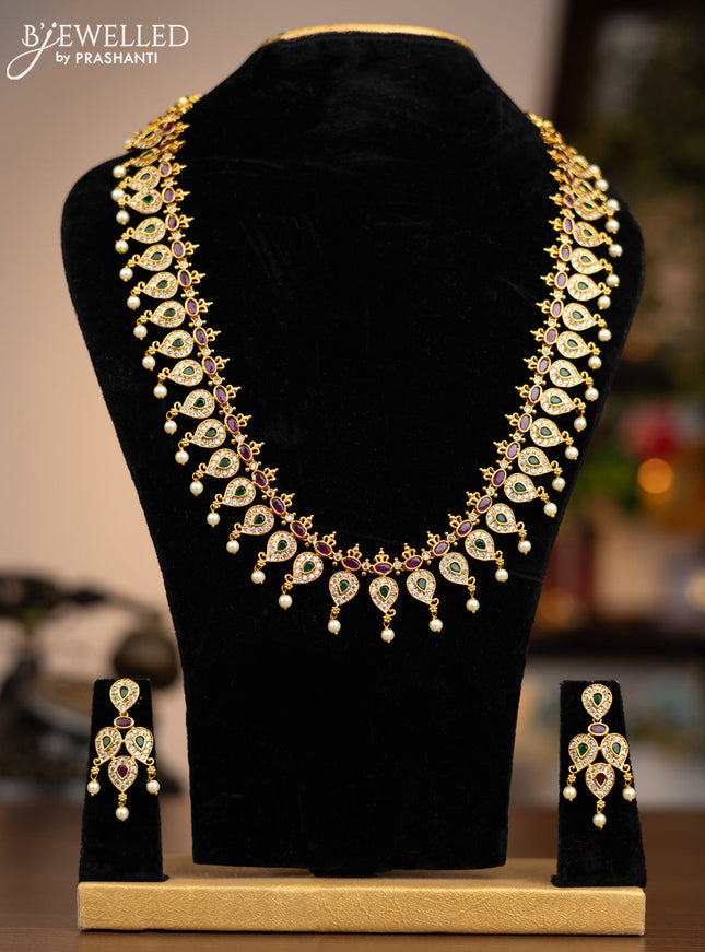 Antique haaram with kemp & cz stones and pearl hangings