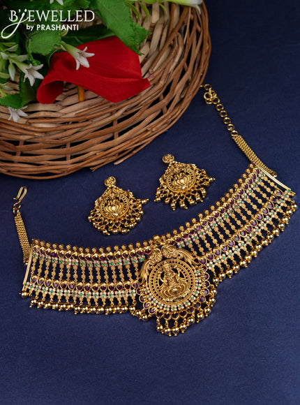 Antique choker lakshmi design with kemp & cz stones and golden beads hangings