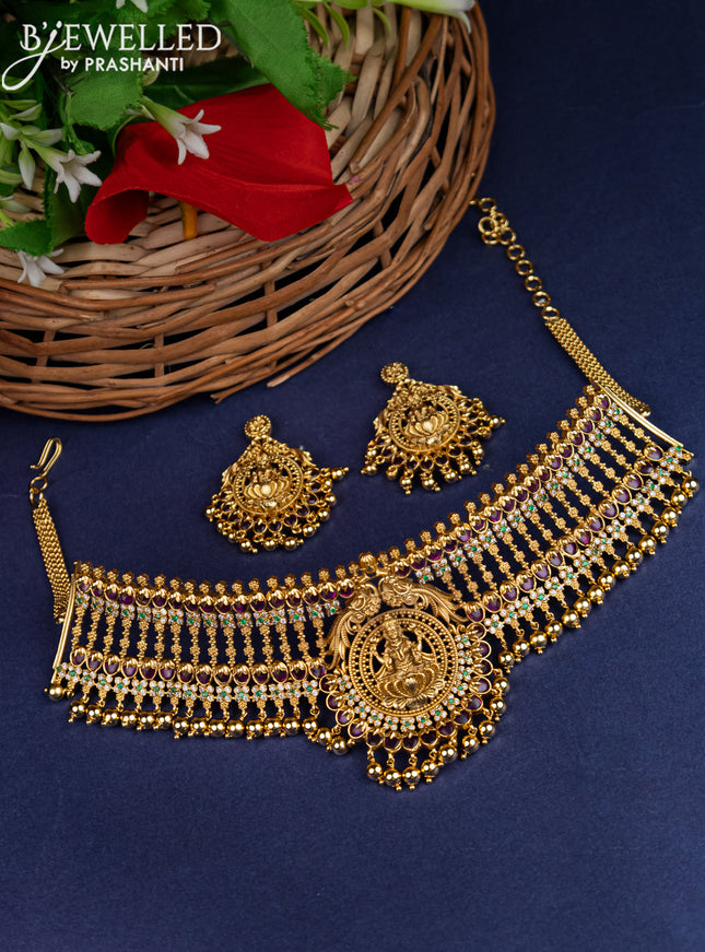 Antique choker lakshmi design with kemp & cz stones and golden beads hangings