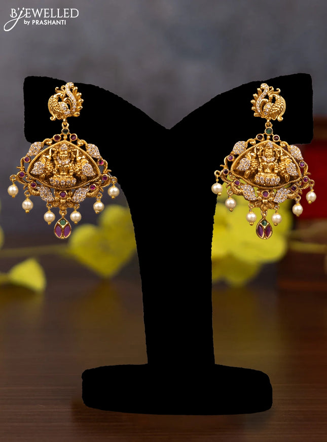 Pearl multilayer haaram lakshmi pendant with kemp & cz stones and pearl hangings