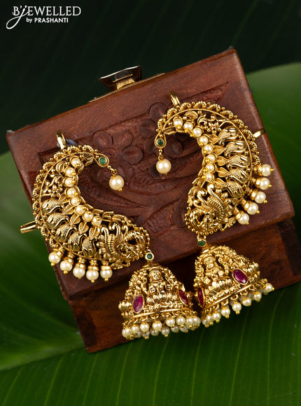 Antique earcuff jhumka lakshmi design with kemp stones and pearl hangings