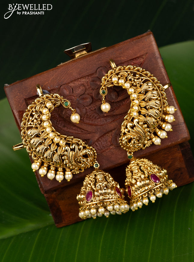 Antique earcuff jhumka lakshmi design with kemp stones and pearl hangings