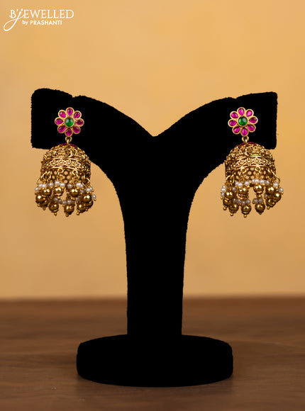 Jadau haram lakshmi maanga design jadau stones with golden beads and pearl hangings