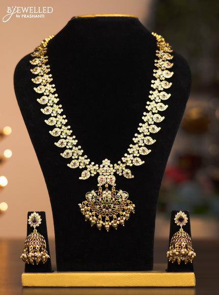 Antique haram maanga design with ruby ,cz stones & gold beads and pearl hangings
