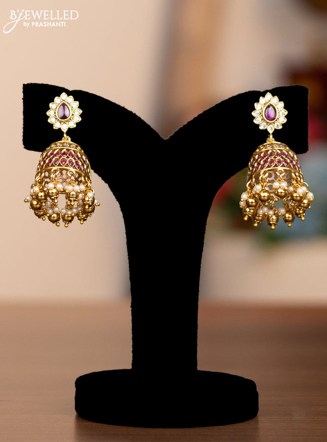 Antique haram maanga design with ruby ,cz stones & gold beads and pearl hangings