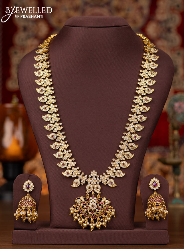 Antique haram manga pattern with pink kemp & cz stones and pearl & golden beads hangings